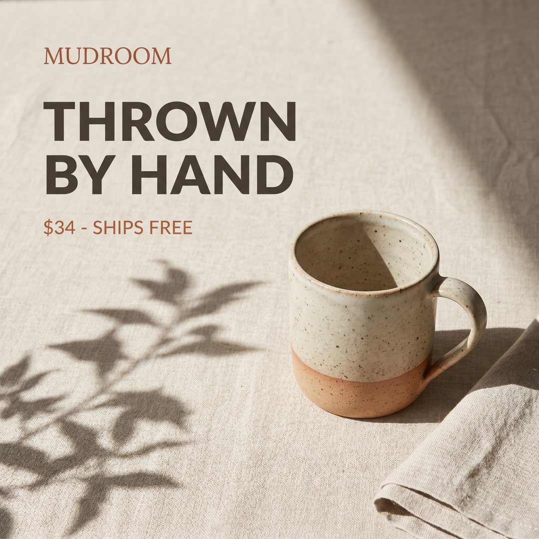 Mudroom ceramic mug static ad — Thrown by Hand